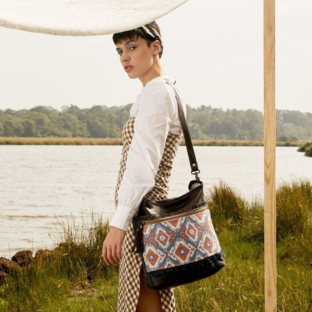 Myra Bag Handmade Taupe Shoulder Bag Upcycled Canvas & Cowhide Leather